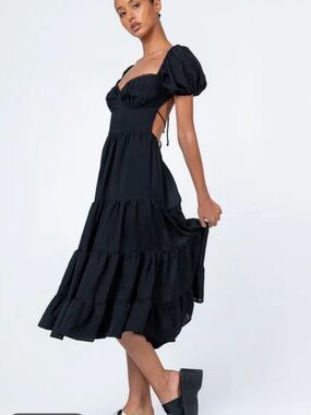 Princess Polly Black Puff-Sleeve Tiered Midi Dress
